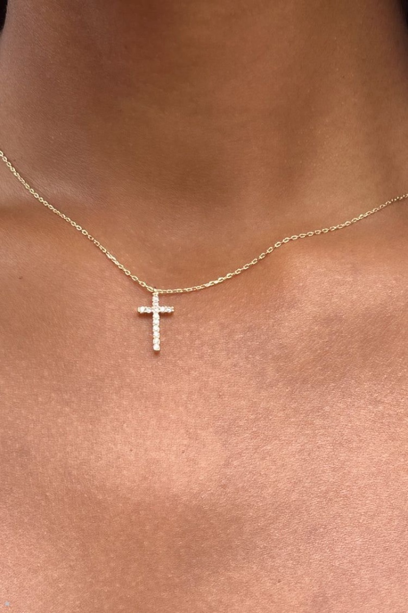 Collier Brandy Melville Rhinestone Cross Doré | KSJ-85877255